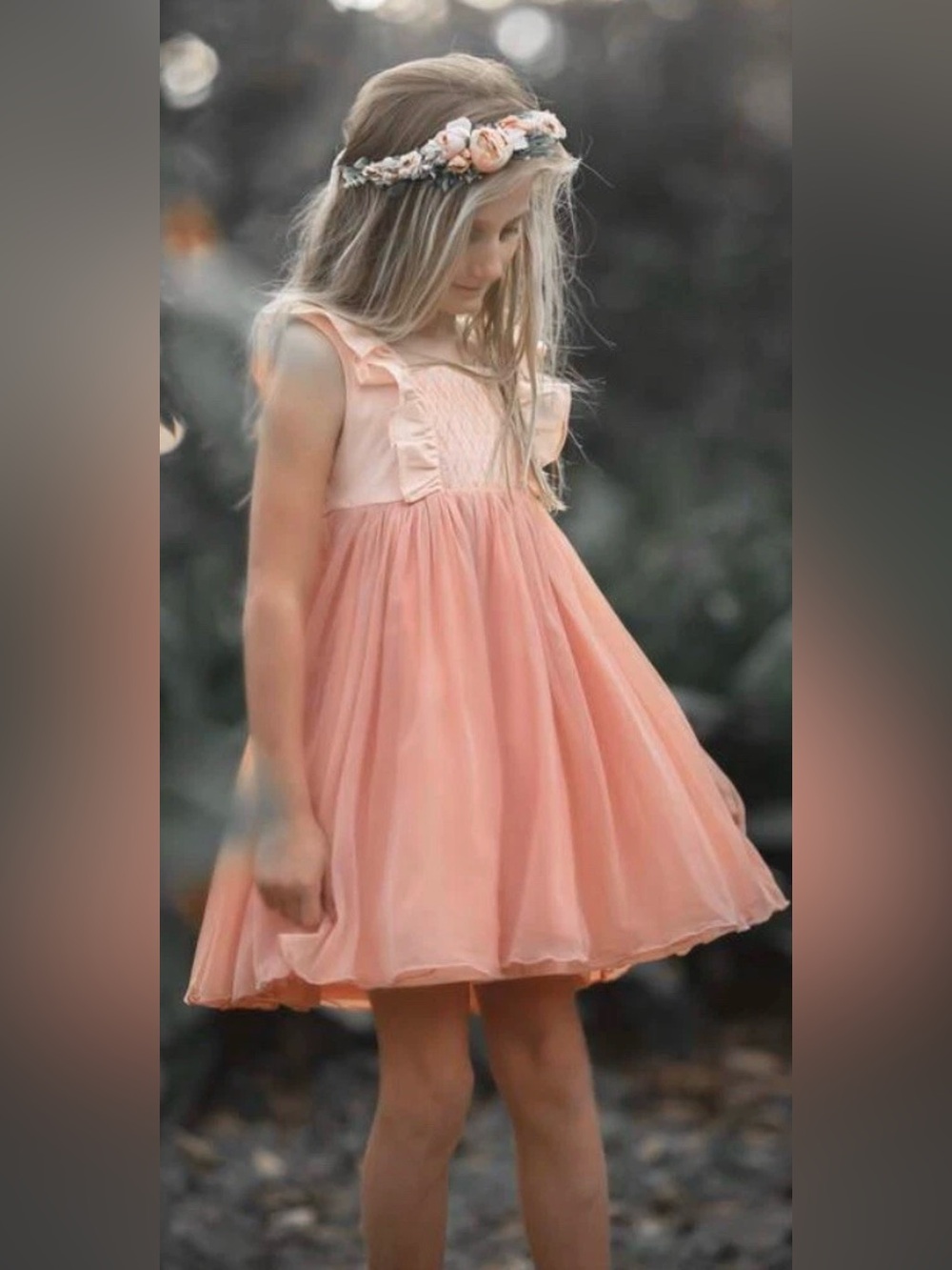 NWOT Girls Well Dressed Wolf peached smocked flutter dress Size 5